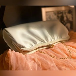 Sweet Little 50s or 60s Clutch White with Gold Chain and Rose Clasp
